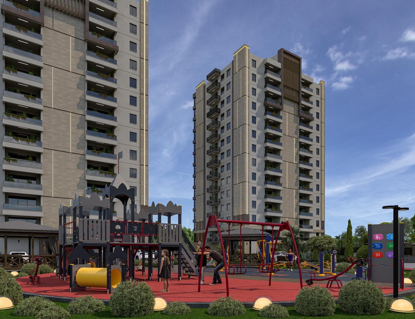 Renkli oyun grubu, salıncakları ve açık hava spor aletleriyle site içindeki çocuk parkı ve peyzaj alanı.