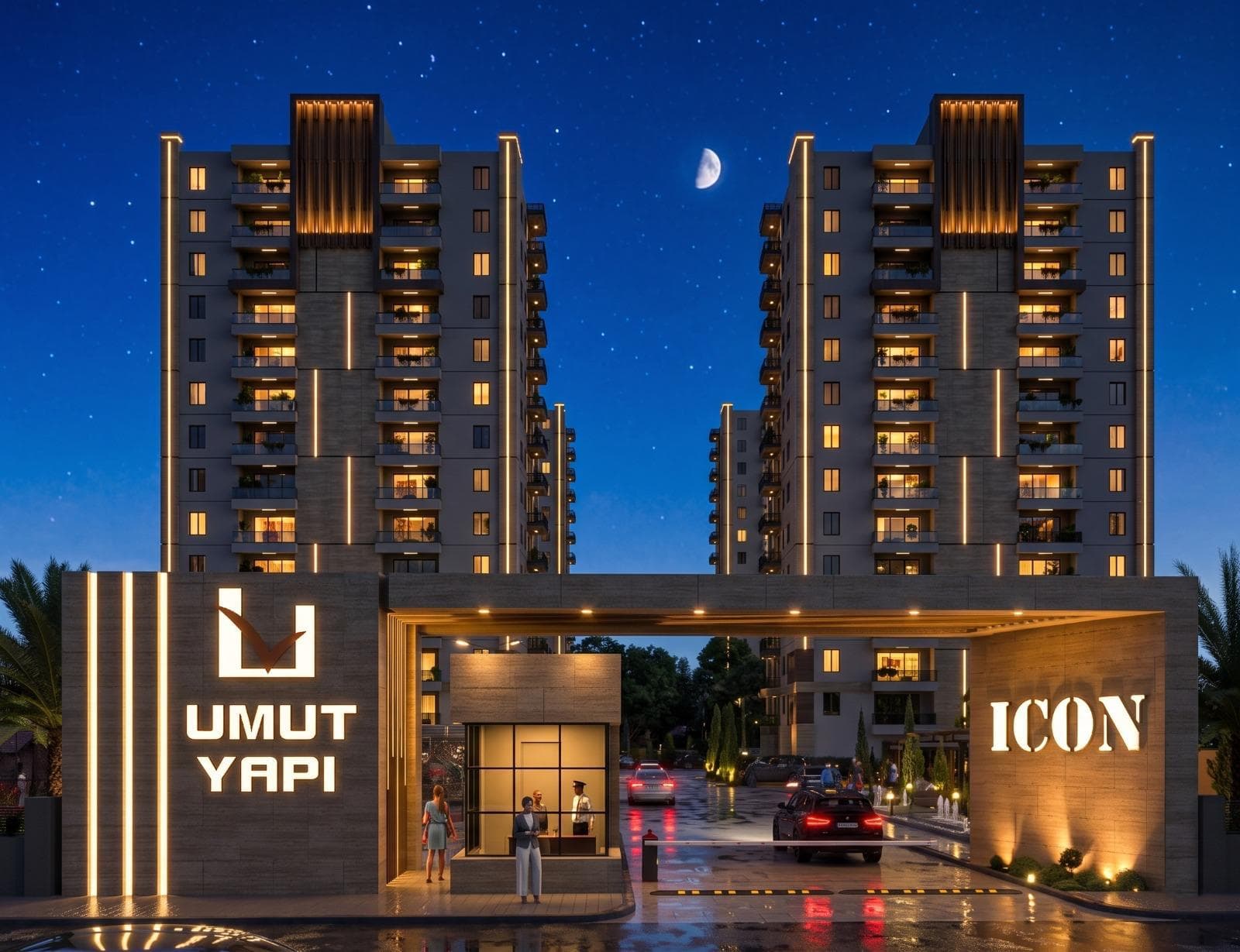 Umut Yapı ICON'un gece görünümü; aydınlatmalı giriş nizamiyesi, arkasında yükselen iki konut kulesi ve yıldızlı gökyüzü.